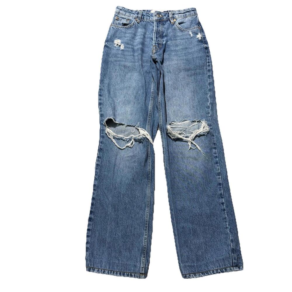 Free People Distressed Straight Leg Jeans in Medium Blue
